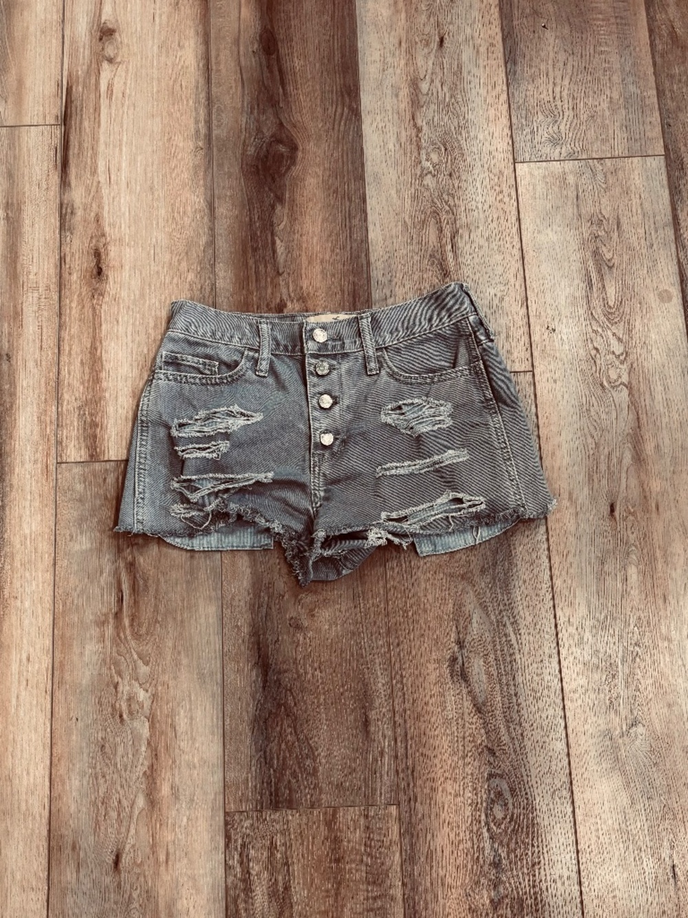 Hollister Distressed High-Waist Denim Shorts in Faded Gray